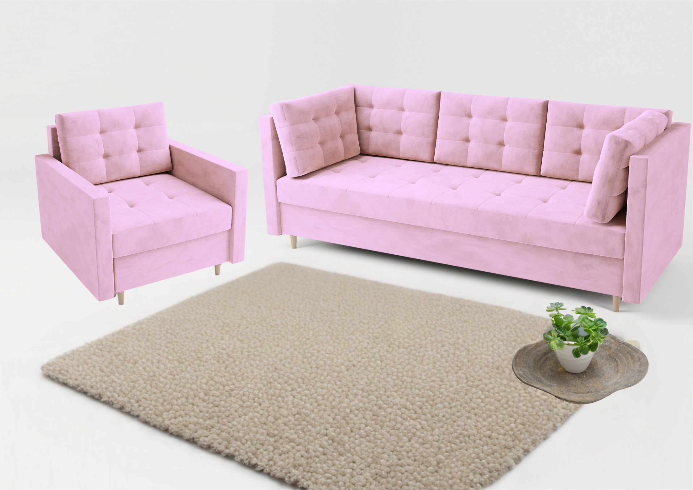 Pikowana sofa w stylu skandynawskim z funkcją spania w kolorze różowym